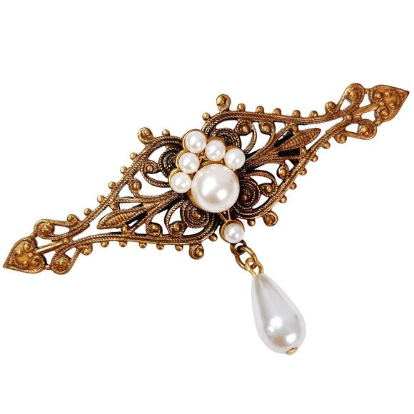 Vintage 1950s Brass Filigree Brooch Faux Pearl Cluster Dangle Elegant Romantic - Picture 1 of 10